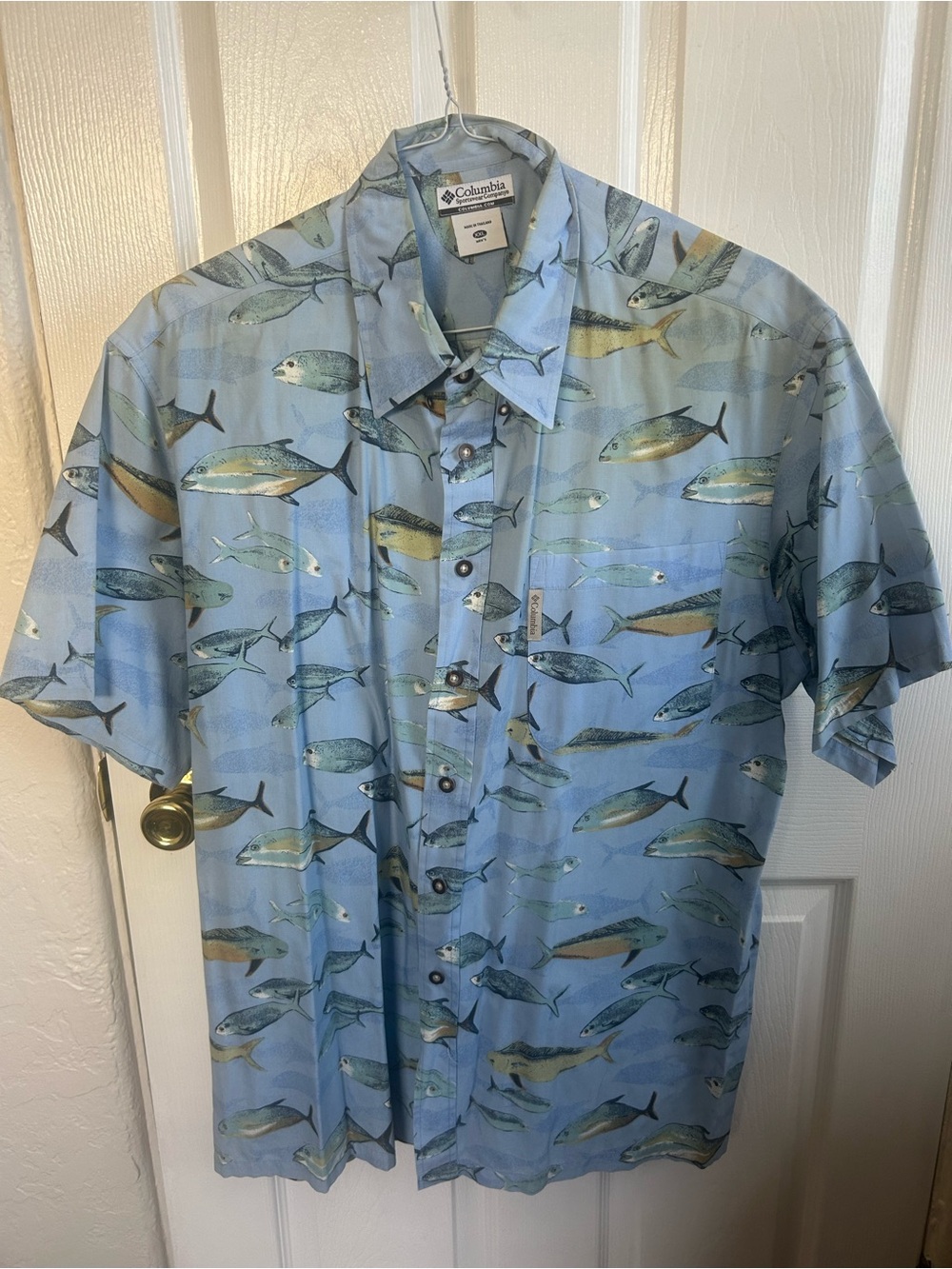Columbia Light Blue Fish-Print Short Sleeve Button-Down Shirt